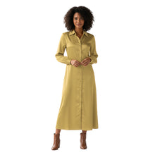 Olive Green Satin Tunic Coat, elegant long button down dress.