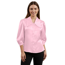 Satin Big Collar Button Down Shirt | Fancy 3/4 Sleeve Top S-3XL S89