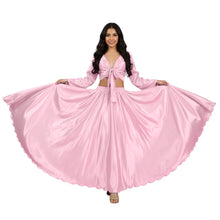 Pink Satin Skirt Set, cute long sleeve belly dance outfit.