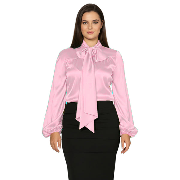 Satin Bow Neck Top | Long Sleeve Office Wear Blouse S-3XL | 41 Colors S120