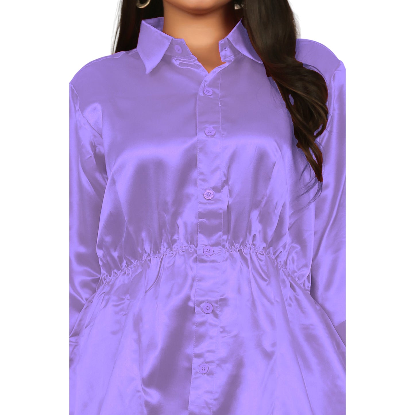 Satin Long Sleeve Button Down Long Shirt Dress S115 - Regular size 1