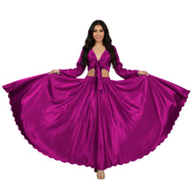 Black Satin Ruffle Top & Full Circle Skirt Set, Full Sleeve Dance Costume S-3XL (S129).