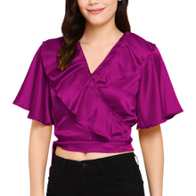 Satin Ruffle Self-Tie Top | Adjustable Crop Blouse S-3XL | 41 Colors S84