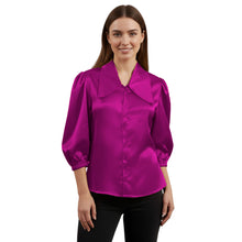 Satin Big Collar Button Down Shirt | Fancy 3/4 Sleeve Top S-3XL S89