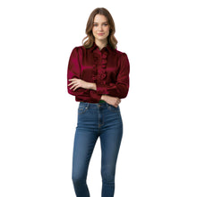 Red Satin Vintage Button Down, dramatic retro blouse.