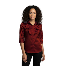 Red Satin 3/4 Sleeve Button Down, dramatic vintage style blouse.