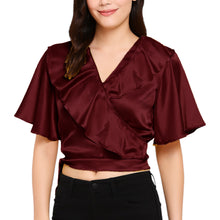 Satin Ruffle Self-Tie Top | Adjustable Crop Blouse S-3XL | 41 Colors S84