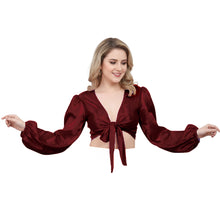 Red Satin Belly Dance Choli, dramatic ruffle dance top.