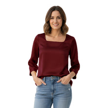 Satin Square Neck Top | 3/4 Sleeve Chic Blouse S-3XL | 41 Colors S114