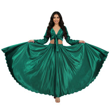 Royal Blue Satin Belly Dance Set, elegant evening costume with sleeves.