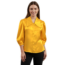 Satin Big Collar Button Down Shirt | Fancy 3/4 Sleeve Top S-3XL S89