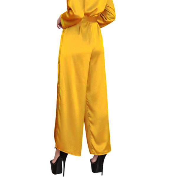 Brown Satin Palazzo Pants, elegant wide leg casual trousers.