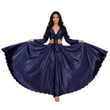 Silver Satin Belly Dance Costume, metallic circle skirt and full sleeve top.