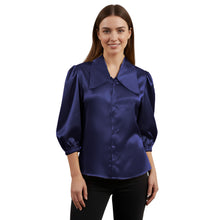 Satin Big Collar Button Down Shirt | Fancy 3/4 Sleeve Top S-3XL S89