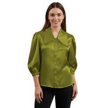 Satin Big Collar Button Down Shirt | Fancy 3/4 Sleeve Top S-3XL S89