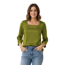 Satin Square Neck Top | 3/4 Sleeve Chic Blouse S-3XL | 41 Colors S114