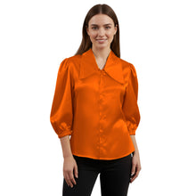 Satin Big Collar Button Down Shirt | Fancy 3/4 Sleeve Top S-3XL S89