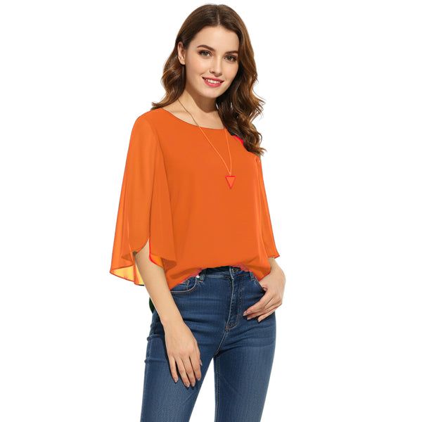Chiffon Round Neck Top | Sheer Casual Blouse S-5XL | 30 Colors C52