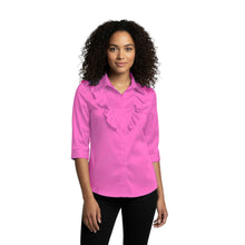 Turquoise Satin 3/4 Sleeve Button Down, flowy vintage shirt.