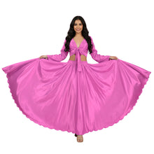 Turquoise Satin Full Circle Skirt & Ruffle Top, flowy long sleeve dance set.