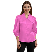 Satin Big Collar Button Down Shirt | Fancy 3/4 Sleeve Top S-3XL S89