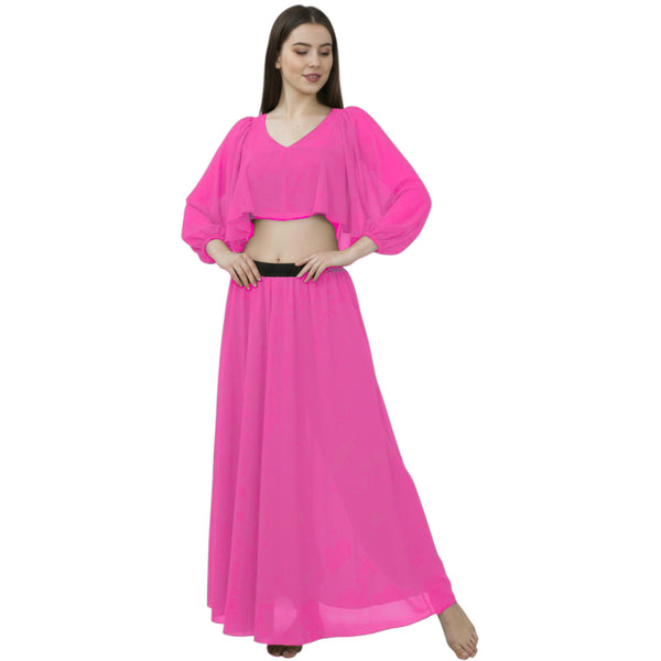 Brown Half Circle Skirt & Ruffle Top Set, flowy two-piece belly dance costume.