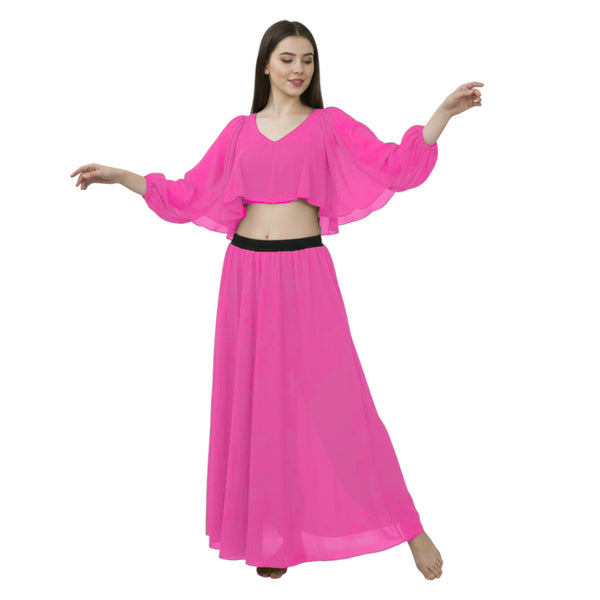 Black Belly Dance Outfit Set: Half Circle Chiffon Skirt & Ruffle Top, S-5XL (C35).