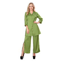 Turquoise Satin Co-ord Set, flowy button down and pants.