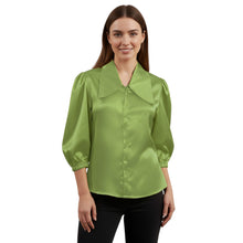 Satin Big Collar Button Down Shirt | Fancy 3/4 Sleeve Top S-3XL S89
