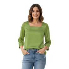 Satin Square Neck Top | 3/4 Sleeve Chic Blouse S-3XL | 41 Colors S114