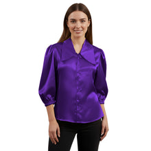 Satin Big Collar Button Down Shirt | Fancy 3/4 Sleeve Top S-3XL S89