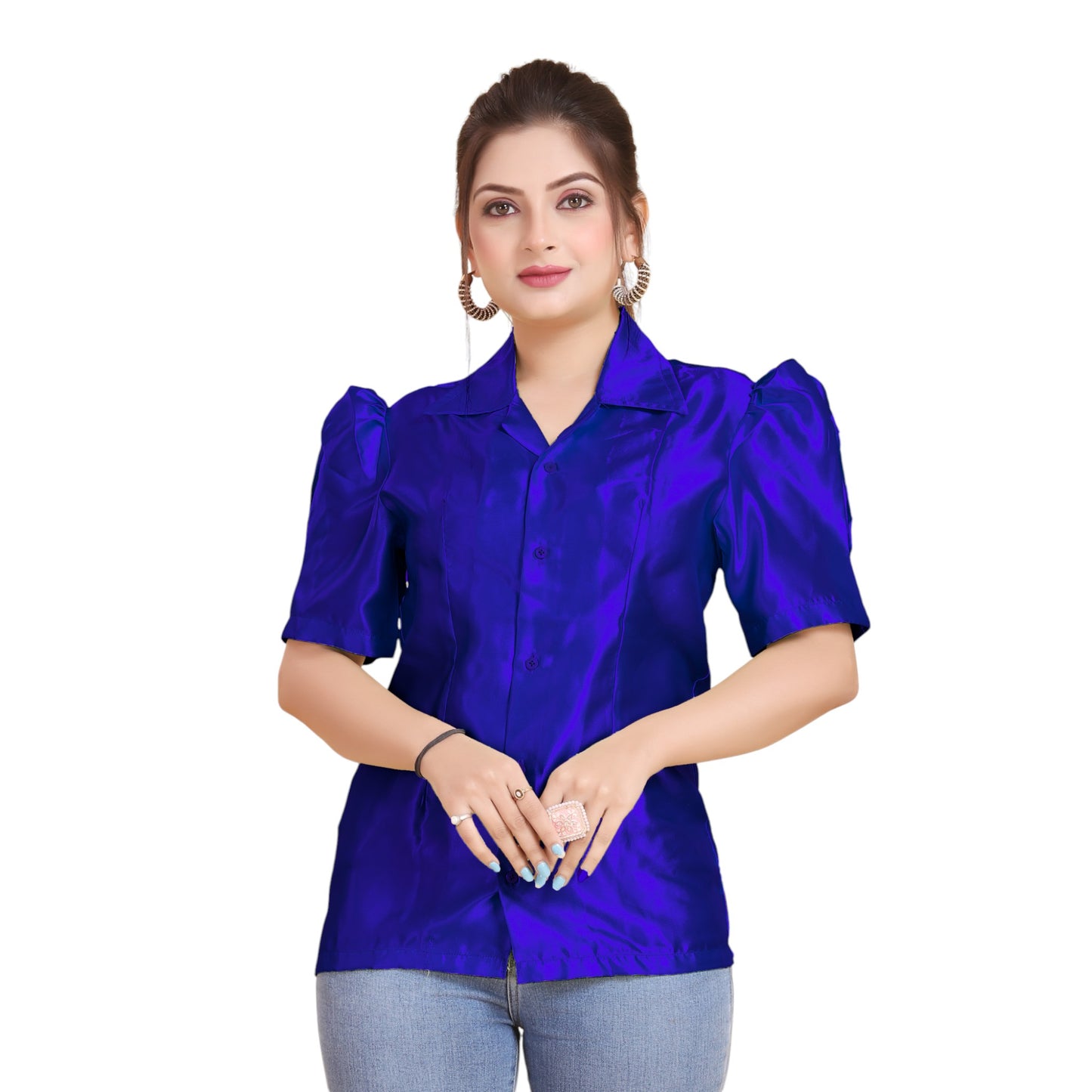 Satin Puff Sleeve Button Down Shirt   S80 - Regular size 3