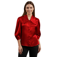 Satin Big Collar Button Down Shirt | Fancy 3/4 Sleeve Top S-3XL S89