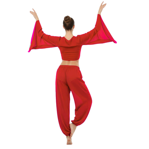 Ultimate Chiffon Belly Dance Costume Set (S-5XL) - 2PC Harem Pant & Ruffle Top | 30 Colors C29
