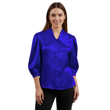 Satin Big Collar Button Down Shirt | Fancy 3/4 Sleeve Top S-3XL S89