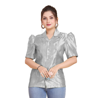 Satin Puff Sleeve Button Down Shirt   S80 - Regular size 3