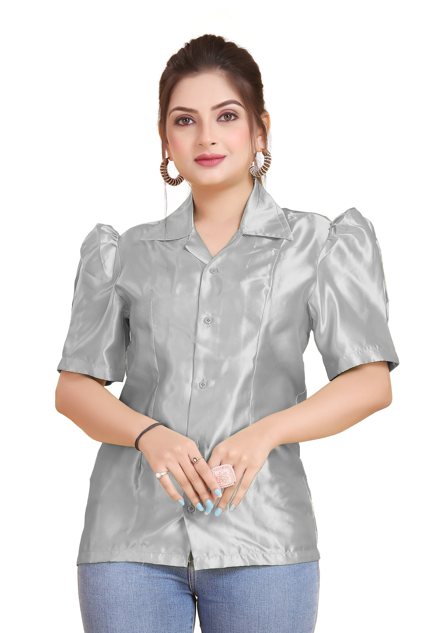 Satin Puff Sleeve Button Down Shirt S80 - Regular size 3