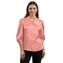 Satin Big Collar Button Down Shirt | Fancy 3/4 Sleeve Top S-3XL S89