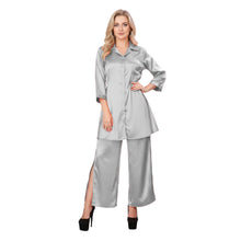 Brownish Gray Satin Shirt & Self Tie Palazzo, neutral chic set.