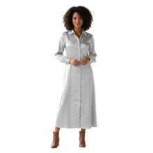 Ivory Satin Tunic Coat, classic elegant long shirt dress.