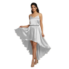 Light Coral Satin High-Low Skirt, soft asymmetrical flow.