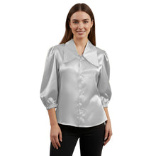 Satin Big Collar Button Down Shirt | Fancy 3/4 Sleeve Top S-3XL S89