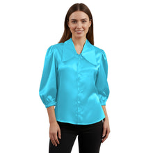Satin Big Collar Button Down Shirt | Fancy 3/4 Sleeve Top S-3XL S89