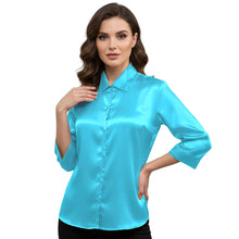 Satin Point Collar Button Down Shirt | 3/4 Sleeve Blouse S-3XL S91