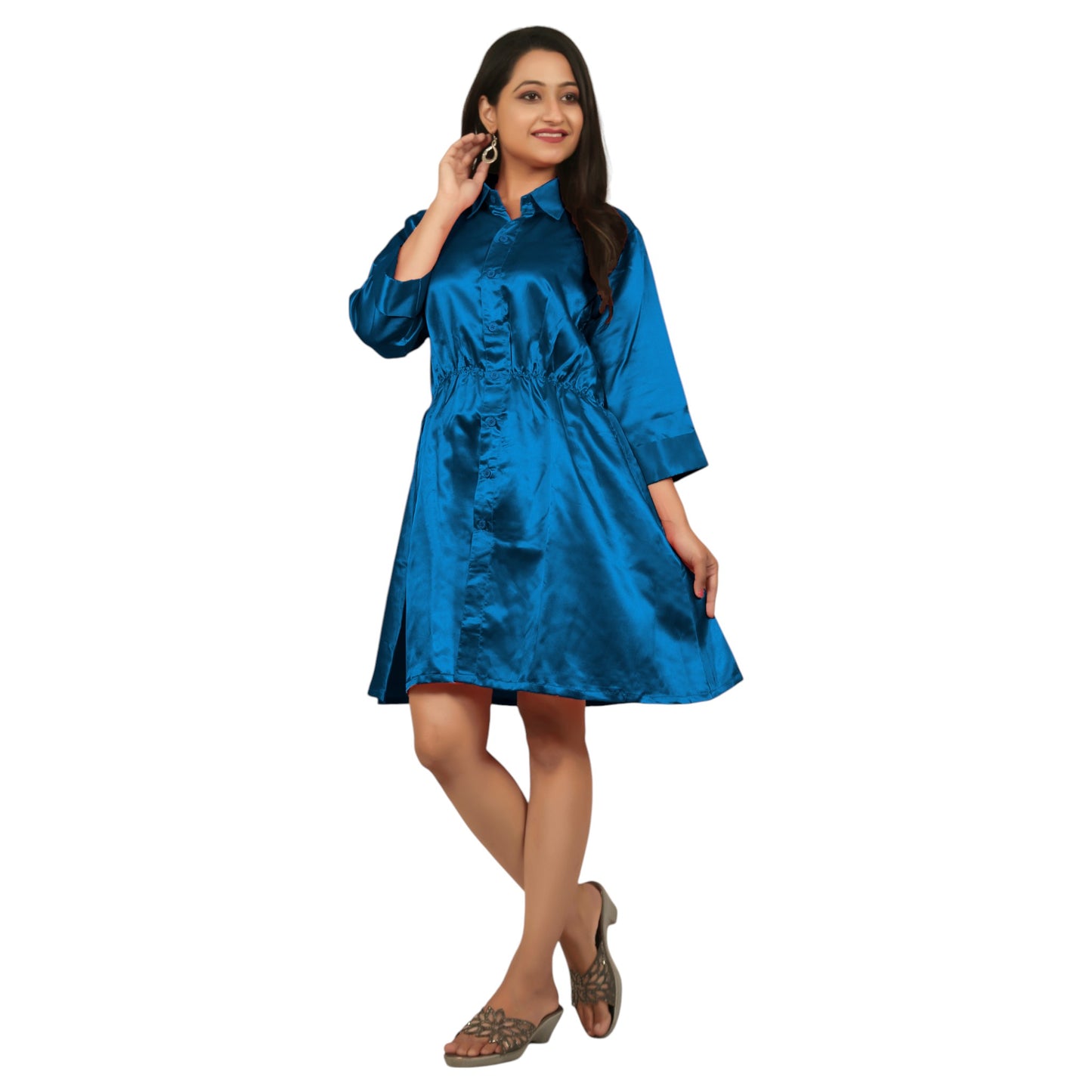 Satin Long Sleeve Button Down Long Shirt Dress S115 - Regular size 3