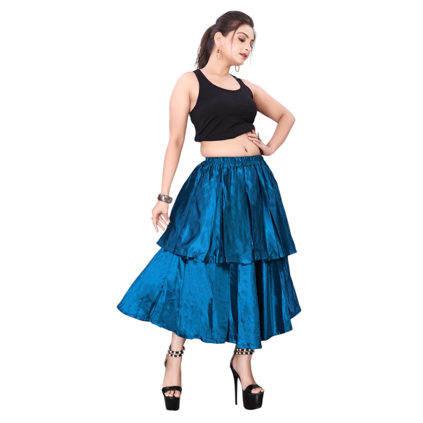 Satin 2 Layer Party wear midi Skirt S101-Regular Size 3