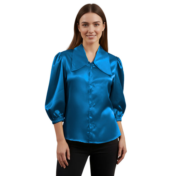 Satin Big Collar Button Down Shirt | Fancy 3/4 Sleeve Top S-3XL S89