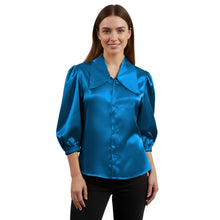 Satin Big Collar Button Down Shirt | Fancy 3/4 Sleeve Top S-3XL S89