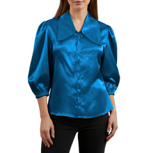 Satin Big Collar Button Down Shirt | Fancy 3/4 Sleeve Top S-3XL S89