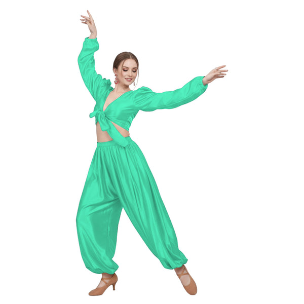 Black Satin Harem Pant & Ruffle Top Set, Belly Dance Costume S-3XL (S131).